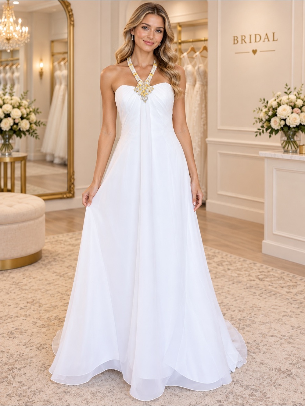 NWT DaVinci Size 10 White Halter Wedding Dress Rhinestone Sequin Bridal Gown